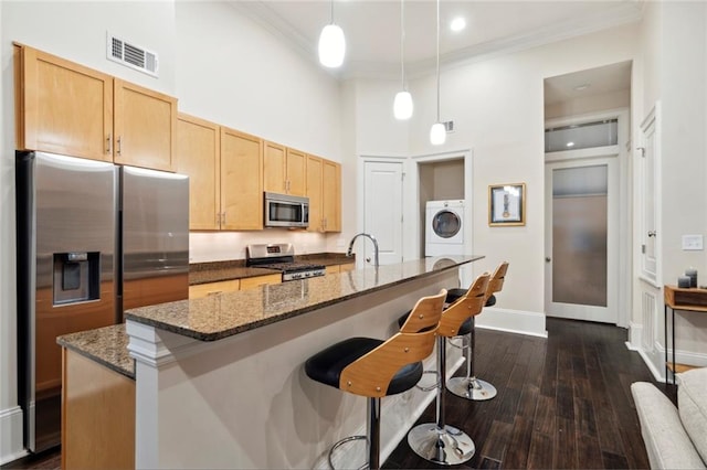 kitchen with stainless steel appliances, dark stone counters, dark wood-type flooring, and decorative light fixtures