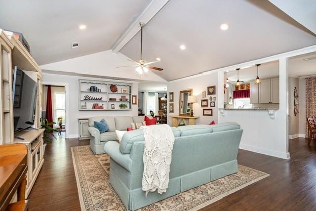 living room featuring lofted ceiling with beams, ceiling fan, baseboards, and dark wood-style flooring