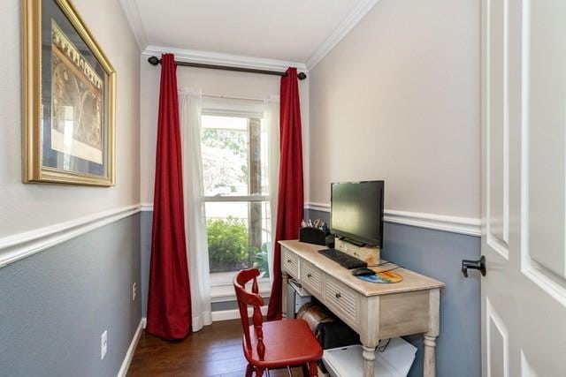 home office with baseboards, dark wood-style flooring, and crown molding