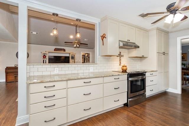 kitchen featuring tasteful backsplash, ceiling fan, under cabinet range hood, and stainless steel electric range