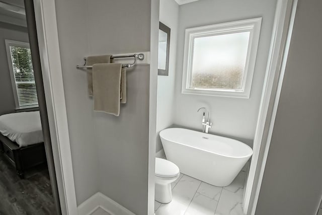 bathroom with plenty of natural light, toilet, and a washtub