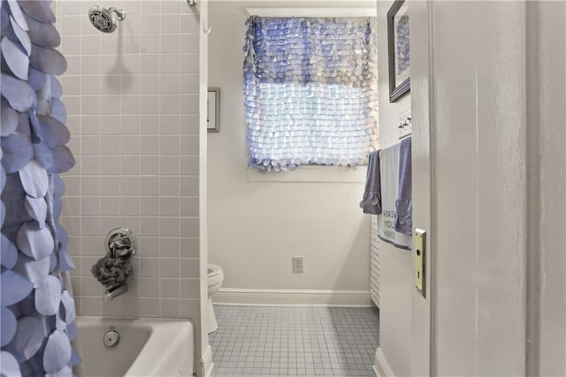 bathroom with toilet, shower / bathtub combination with curtain, and tile patterned flooring