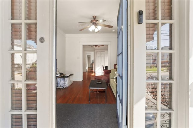 interior space with ceiling fan and dark hardwood / wood-style flooring