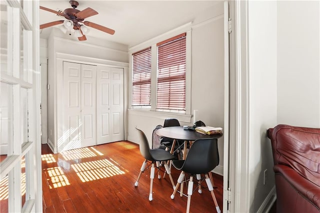 office space featuring hardwood / wood-style floors and ceiling fan