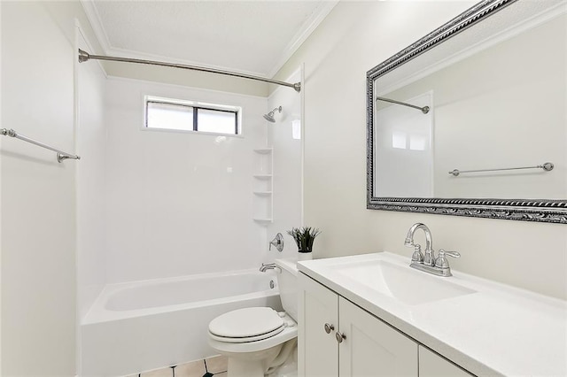 full bathroom featuring toilet, tile patterned flooring, crown molding, vanity, and washtub / shower combination