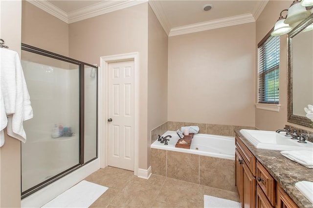 bathroom featuring vanity, tile patterned floors, ornamental molding, and separate shower and tub