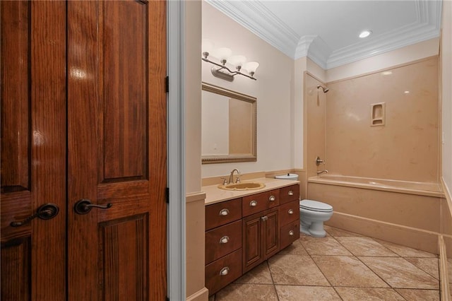65520 S Hickory Dr, Pearl River, LA 70452 - bathroom with crown molding, vanity, toilet, tub / shower combination, and tile patterned flooring