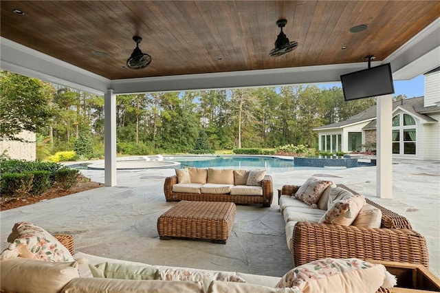 65520 S Hickory Dr, Pearl River, LA 70452 - view of patio featuring outdoor lounge area, ceiling fan, an outdoor pool, and view of scattered trees
