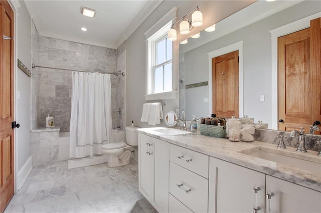 full bathroom featuring toilet, shower / bathtub combination with curtain, and vanity