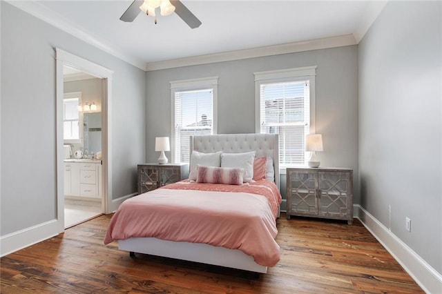 1417-1419 Esplanade Ave, New Orleans, LA 70116 - bedroom featuring wood finished floors, crown molding, connected bathroom, and ceiling fan