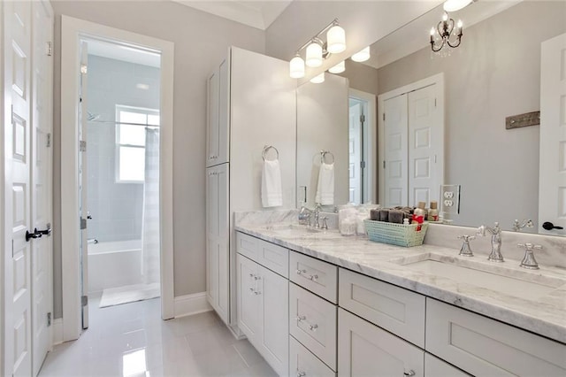 1417-1419 Esplanade Ave, New Orleans, LA 70116 - full bathroom with double vanity,  shower combination, and a chandelier