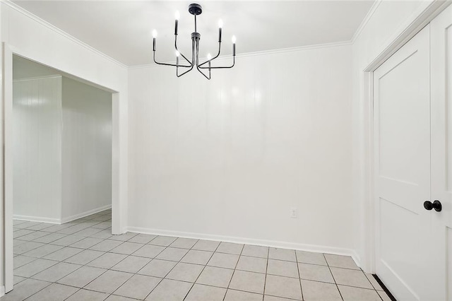 unfurnished dining area featuring light tile patterned floors, crown molding, and an inviting chandelier