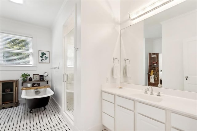 bathroom with vanity and plus walk in shower