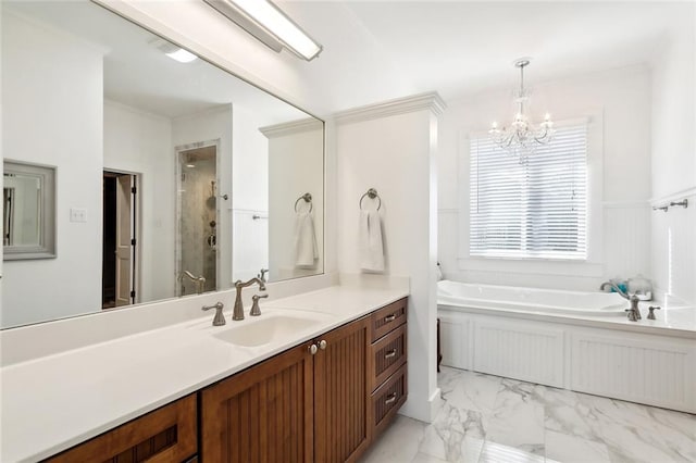 bathroom featuring vanity, a notable chandelier, and plus walk in shower