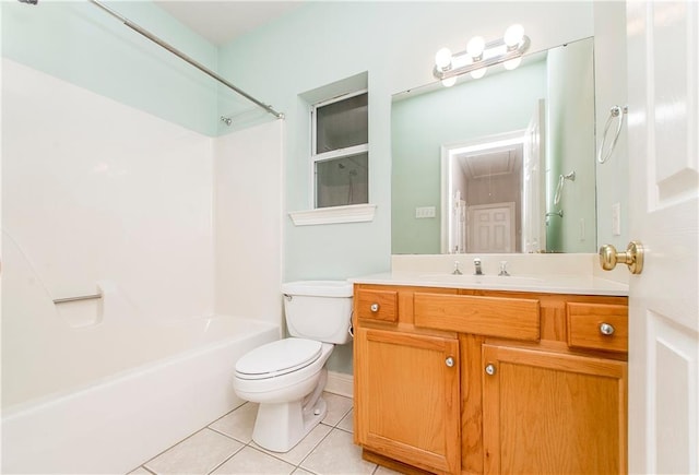 full bathroom with vanity, bathtub / shower combination, toilet, and tile patterned floors