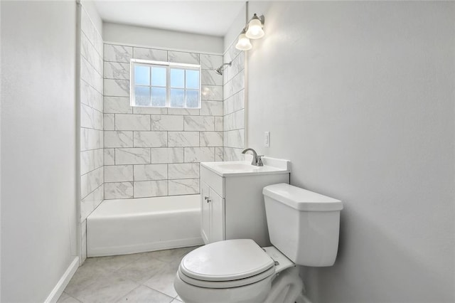 full bathroom with tiled shower / bath, vanity, toilet, and tile patterned floors