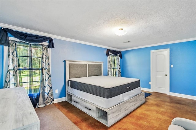 carpeted bedroom featuring crown molding, a textured ceiling, and multiple windows