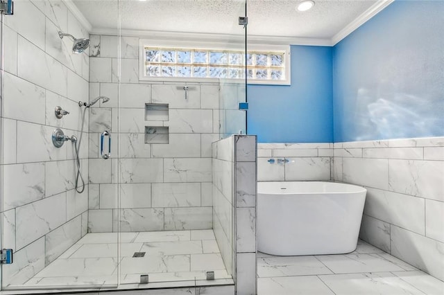 bathroom featuring tile walls, separate shower and tub, crown molding, and a textured ceiling