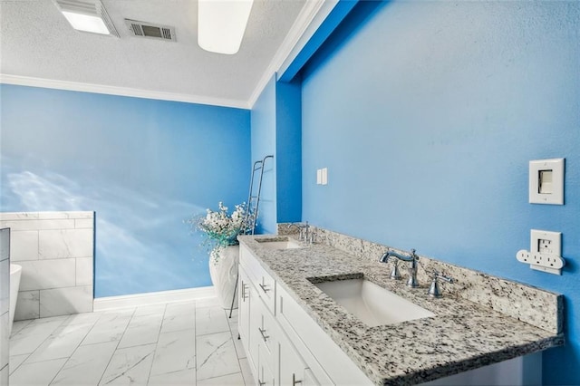 bathroom with vanity, crown molding, and a textured ceiling