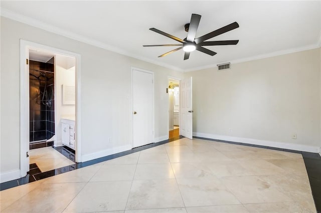 unfurnished bedroom with light tile patterned floors, ceiling fan, connected bathroom, a closet, and crown molding