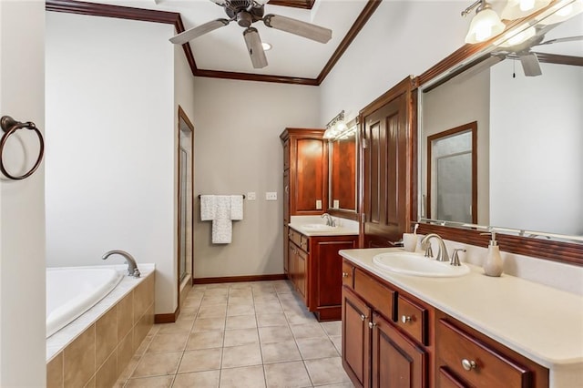 bathroom with vanity, tile patterned floors, independent shower and bath, and ornamental molding