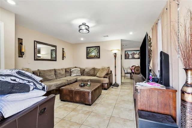 living room featuring light tile patterned flooring