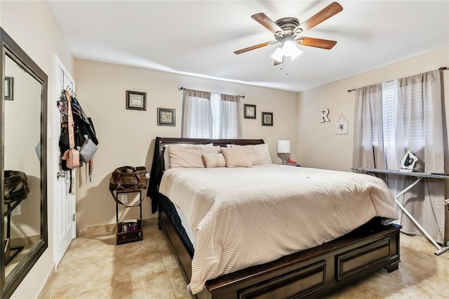 bedroom featuring ceiling fan, a closet, and multiple windows