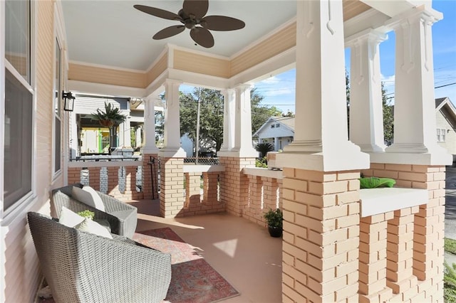 view of patio / terrace featuring ceiling fan and a porch