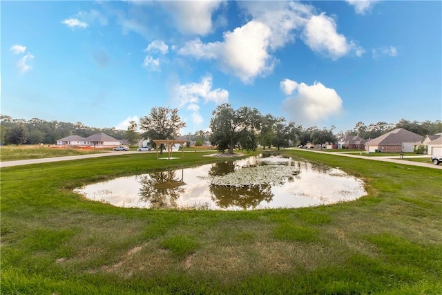 view of community featuring a water view and a yard