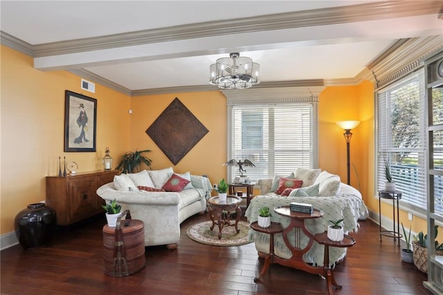 living room featuring crown molding, a chandelier, and dark hardwood / wood-style flooring