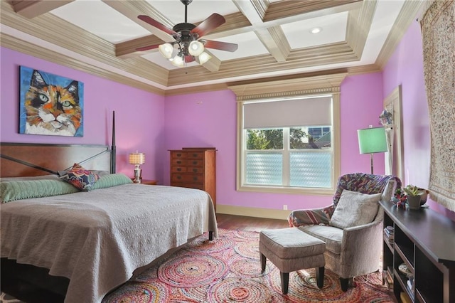 bedroom featuring ceiling fan, hardwood / wood-style flooring, beamed ceiling, crown molding, and coffered ceiling