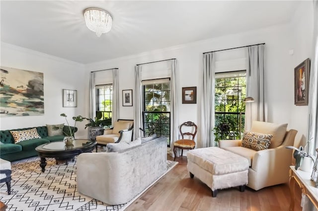 living room with a chandelier, light hardwood / wood-style floors, and crown molding