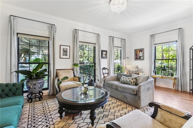 living room with hardwood / wood-style flooring and an inviting chandelier