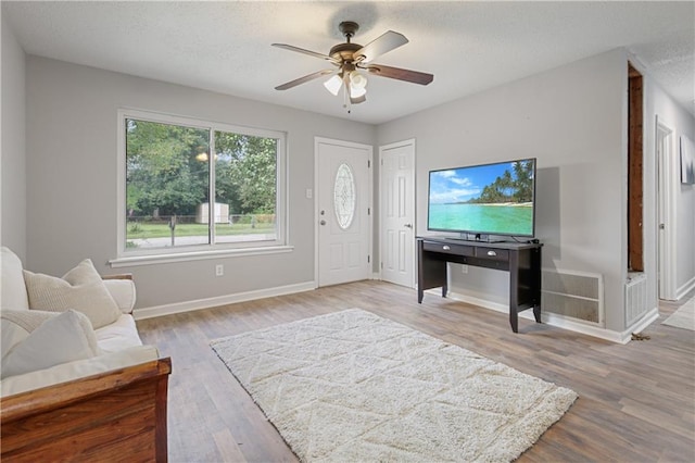 living room featuring wood-type flooring and ceiling fan