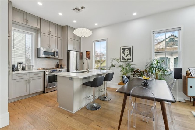 kitchen featuring hanging light fixtures, stainless steel appliances, light hardwood / wood-style floors, gray cabinets, and a center island with sink