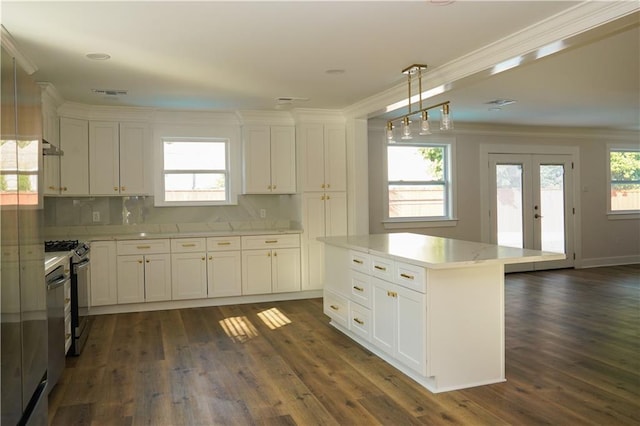 kitchen with decorative light fixtures, a healthy amount of sunlight, and dark hardwood / wood-style flooring