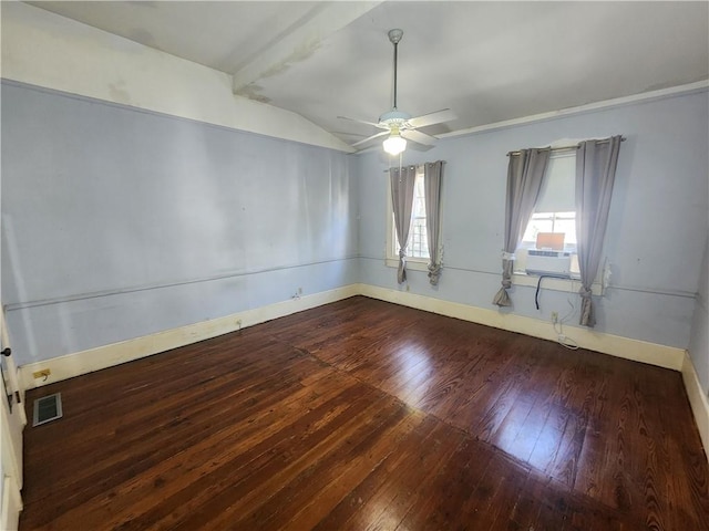 empty room with ceiling fan, lofted ceiling, and hardwood / wood-style floors