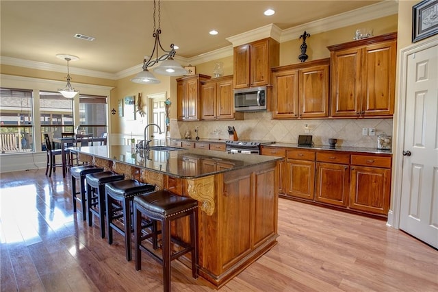 kitchen featuring pendant lighting, a kitchen island with sink, light hardwood / wood-style flooring, and stainless steel appliances