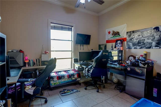 office featuring ceiling fan, light tile patterned flooring, ornamental molding, and a wealth of natural light