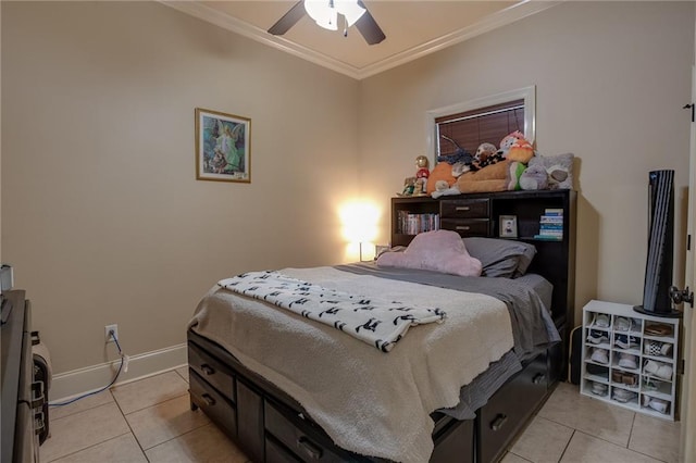 tiled bedroom with ceiling fan and ornamental molding