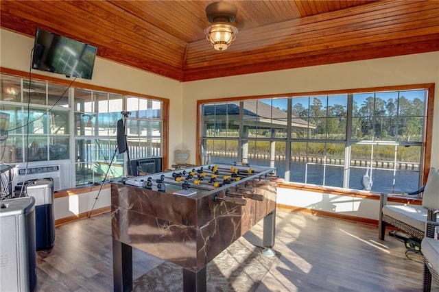 rec room with wood ceiling and hardwood / wood-style flooring