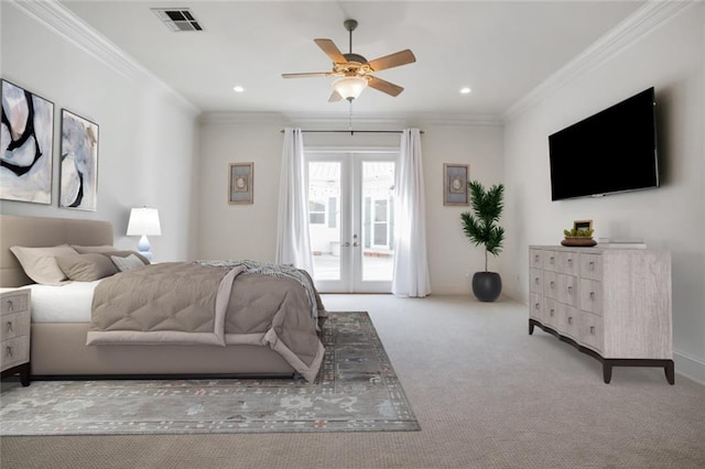 carpeted bedroom with french doors, ceiling fan, ornamental molding, and access to exterior