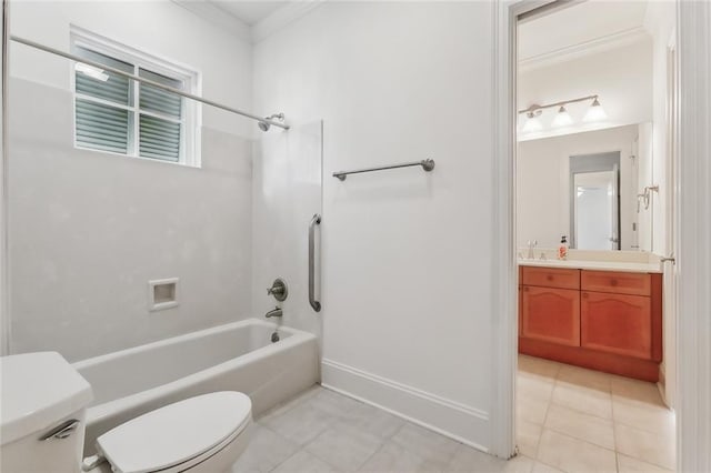 full bathroom with bathtub / shower combination, toilet, vanity, crown molding, and tile patterned flooring