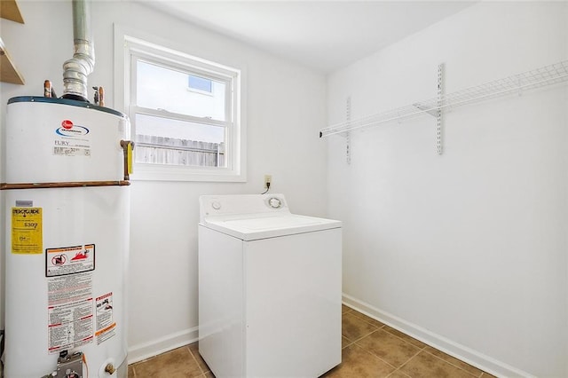 laundry area with water heater, tile patterned flooring, and washer / clothes dryer