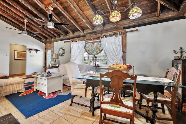 tiled dining space with ceiling fan, lofted ceiling with beams, and wooden ceiling