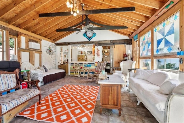 interior space with ceiling fan, wooden ceiling, vaulted ceiling with beams, and a barn door