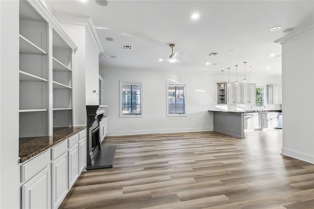 kitchen with white cabinetry, hardwood / wood-style flooring, pendant lighting, and plenty of natural light