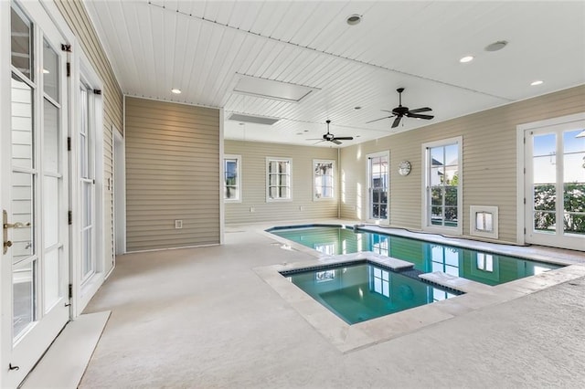 view of pool featuring ceiling fan, an indoor in ground hot tub, and a patio area