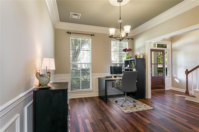 office space featuring ornamental molding, dark hardwood / wood-style floors, and an inviting chandelier