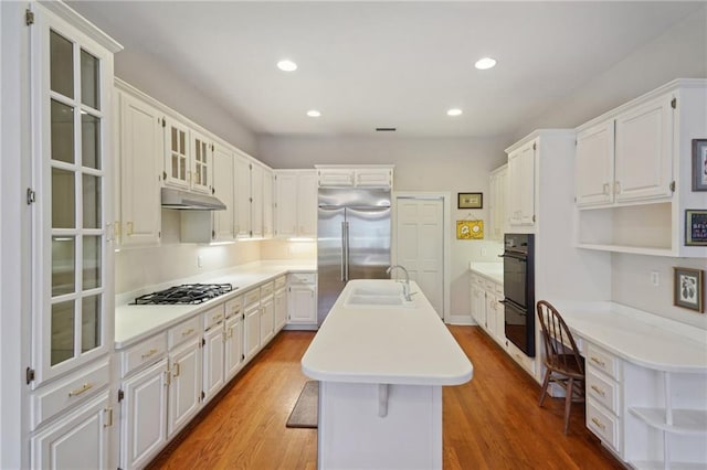 kitchen with appliances with stainless steel finishes, sink, a kitchen island with sink, and white cabinets